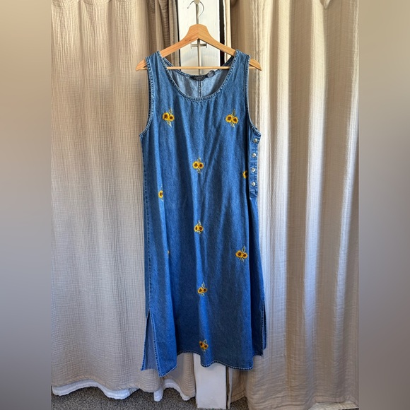 Agapo Dresses & Skirts - Denim Maxi Dress with Sunflower Embroidery - Blue